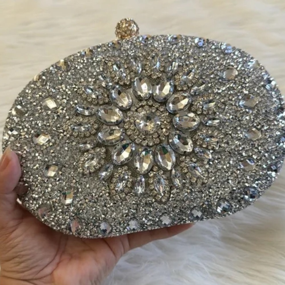 Ramla Silver Sparkly Rhinestone Clutch Purses Luxury Handbags Handmade